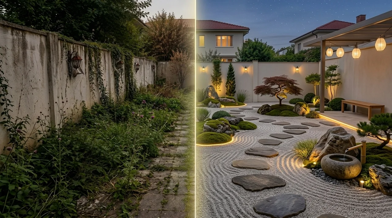 The same backyard transforming from a plain photo into a professionally landscaped Japanese-style garden